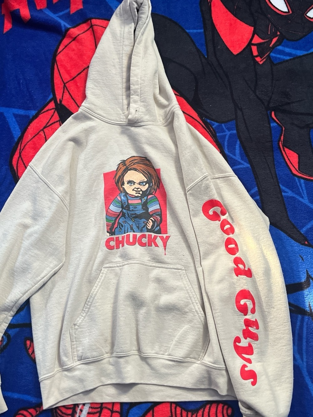 Marshalls Cream Chucky Graphic Hoodie with Red Accents